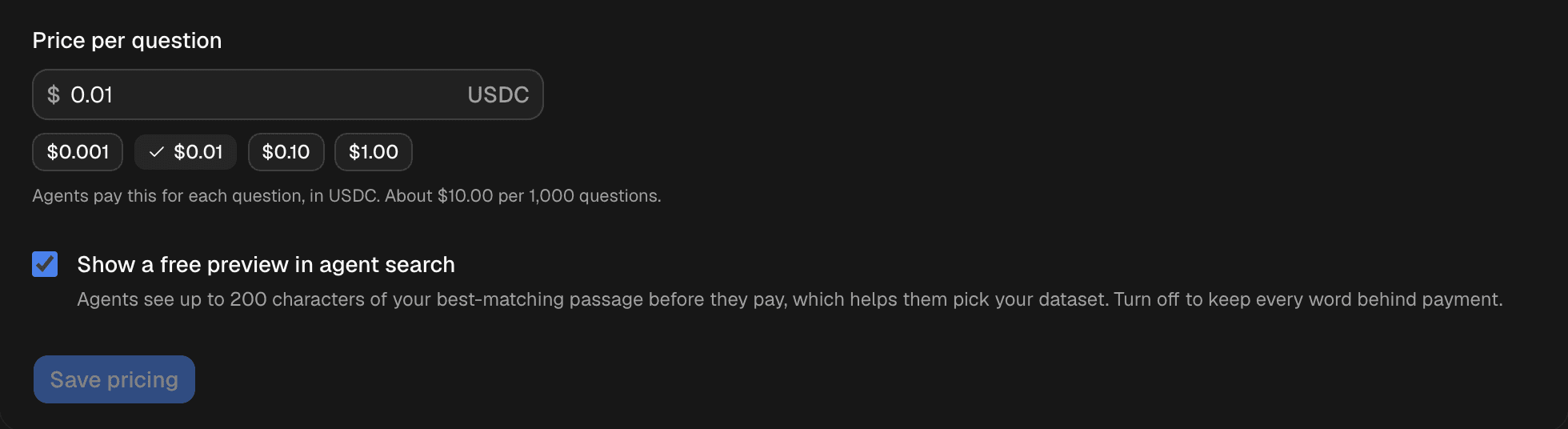 The price field of the Pricing card: $0.01 USDC per question, with the free preview option checked.