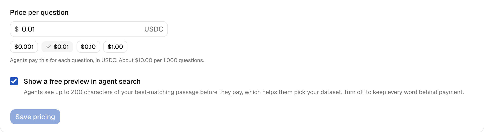The price field of the Pricing card: $0.01 USDC per question, with the free preview option checked.